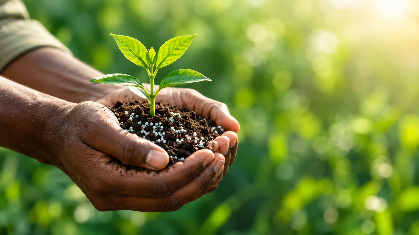 Hands holding a seedling in soil