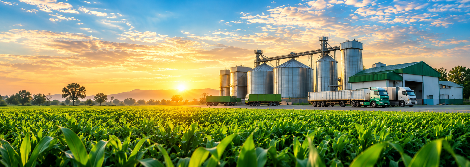 Grain silos, trucks and cornfield at sunrise